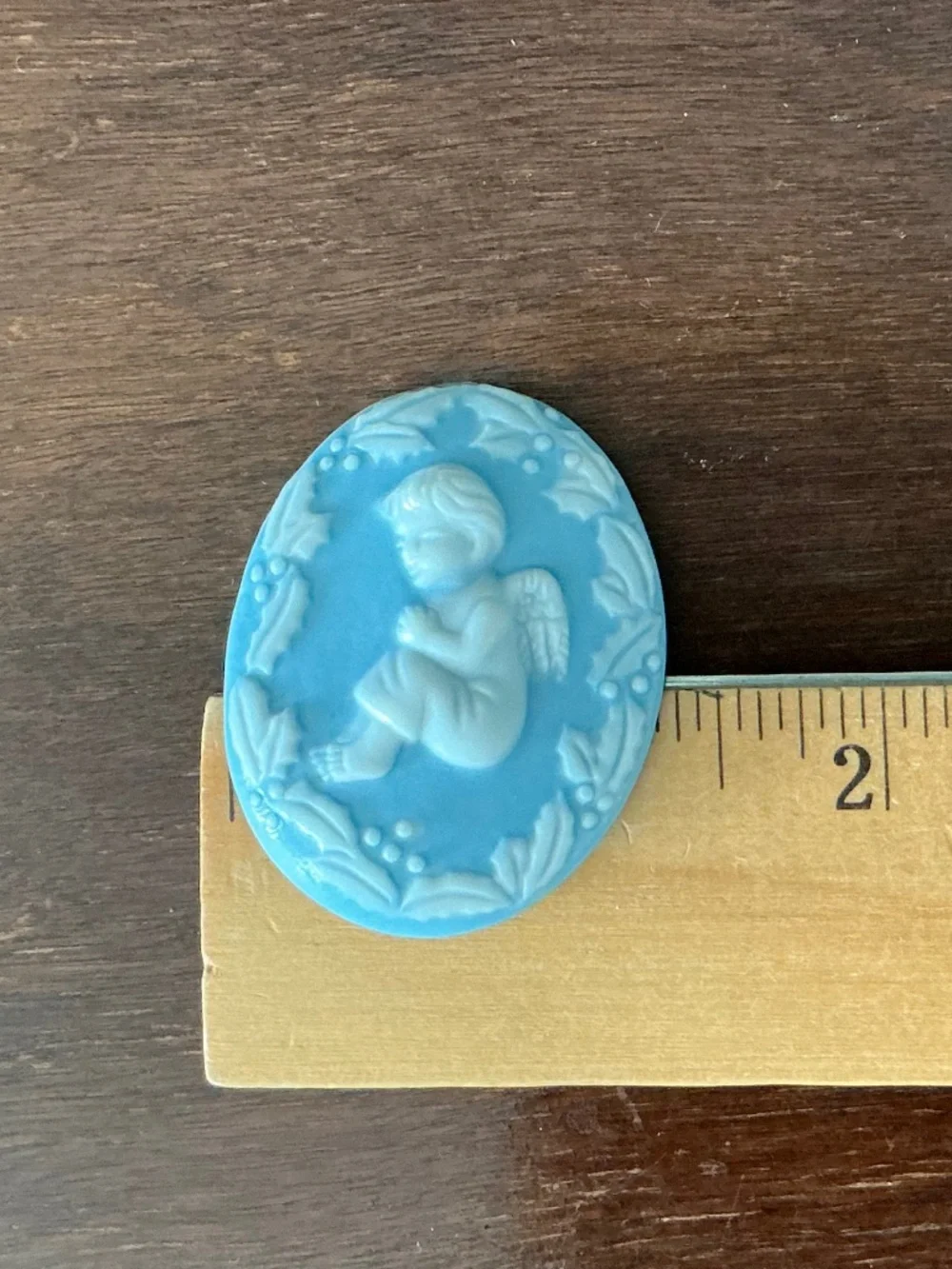 Vintage KD Signed Jasperware Style Brooch Blue White Sleeping Baby Angel Cherub
